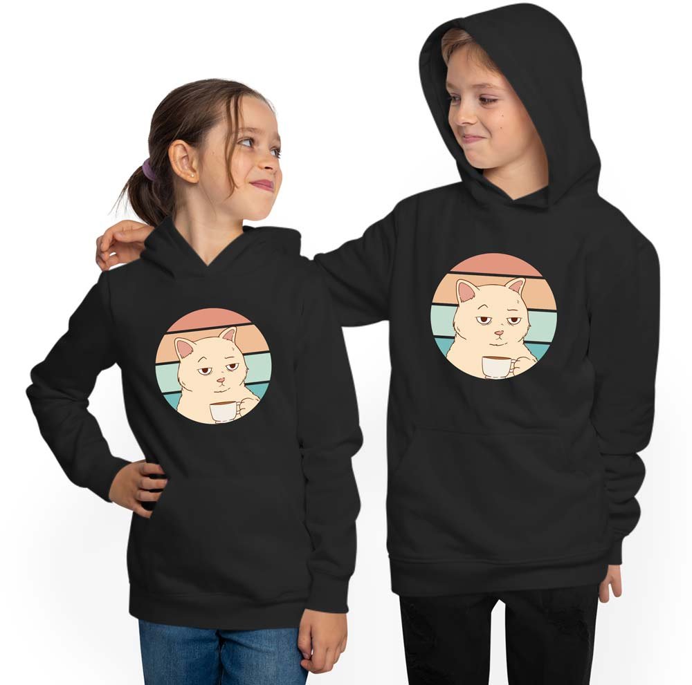 Kids Hoodie Hooded Sweatshirt - Retro Cat with Cup i106